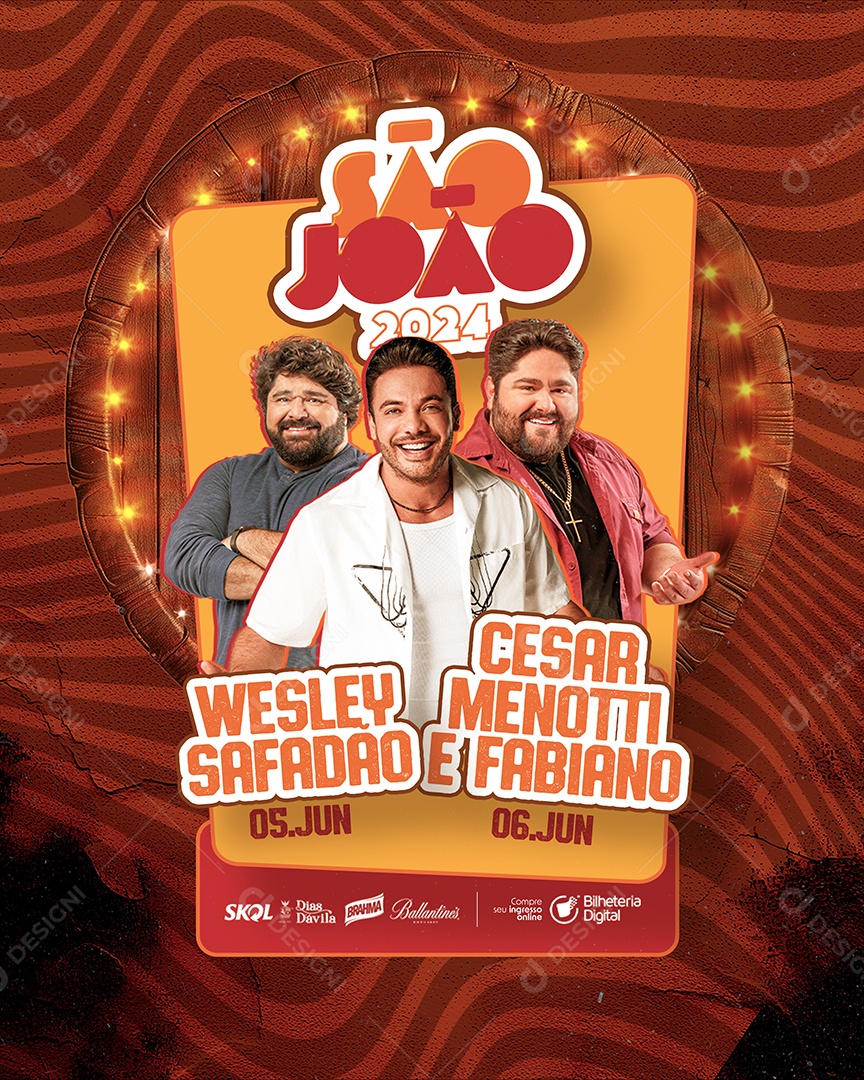 Flyer São João Wesley Safadão Cesar Menotti e Fabiano Social Media PSD Editável
