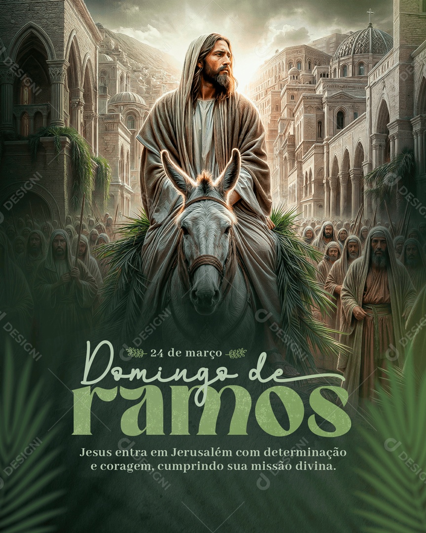 Domingo de Ramos 24 de Março Jesus Entre Jerusalém com Determinação e Coragem Social Media PSD Editável