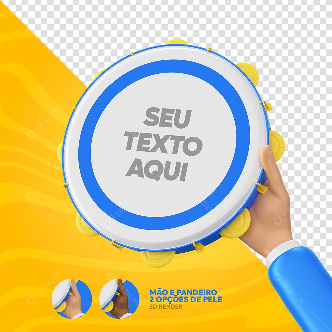 Mão Segurando Pandeiro Elemento 3D Azul e Branco de Carnaval para Composição PSD