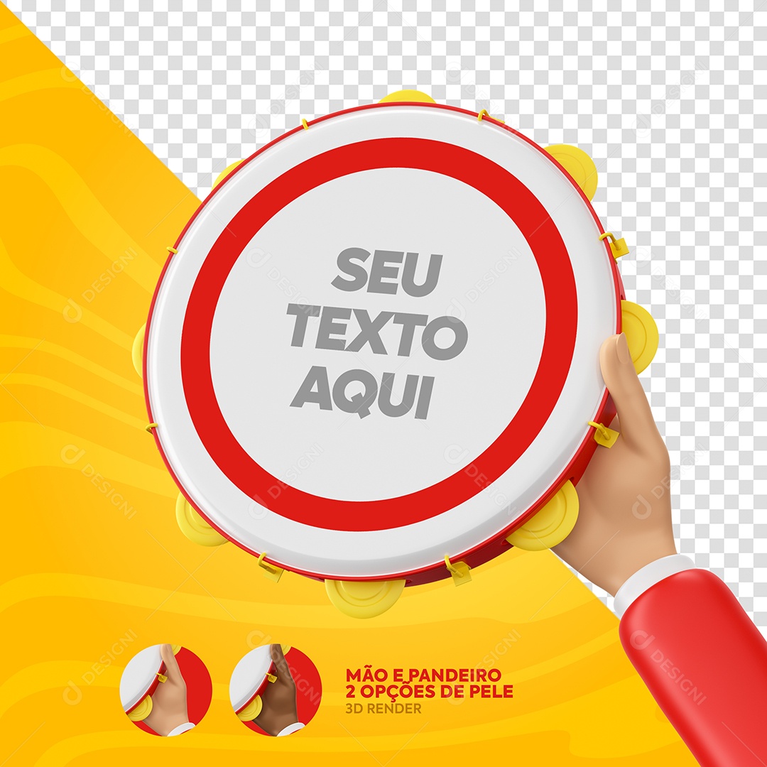 Mão Segurando Pandeiro Elemento 3D Vermelho e Branco de Carnaval para Composição PSD