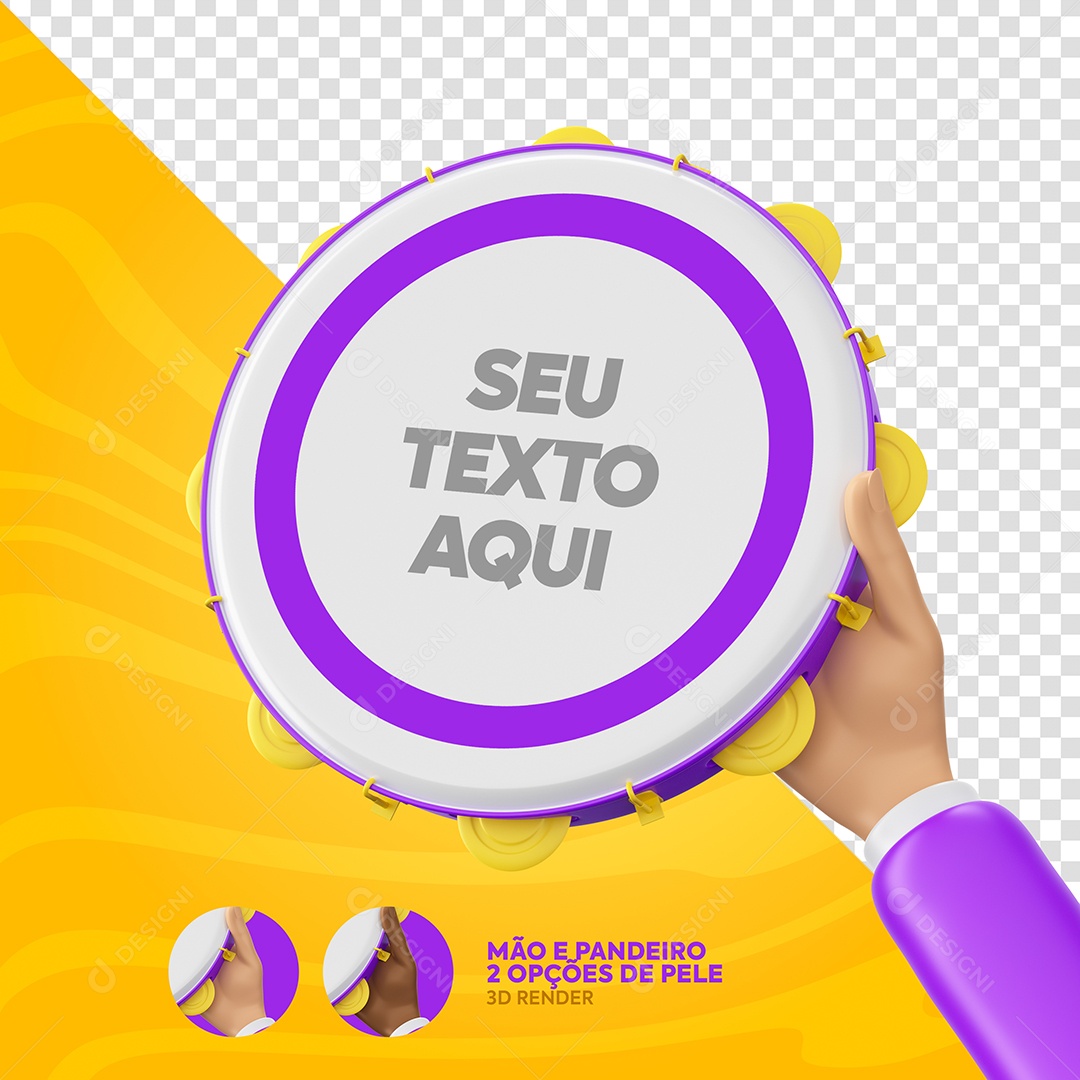 Mão Segurando Pandeiro Elemento 3D Roxo e Branco de Carnaval para Composição PSD