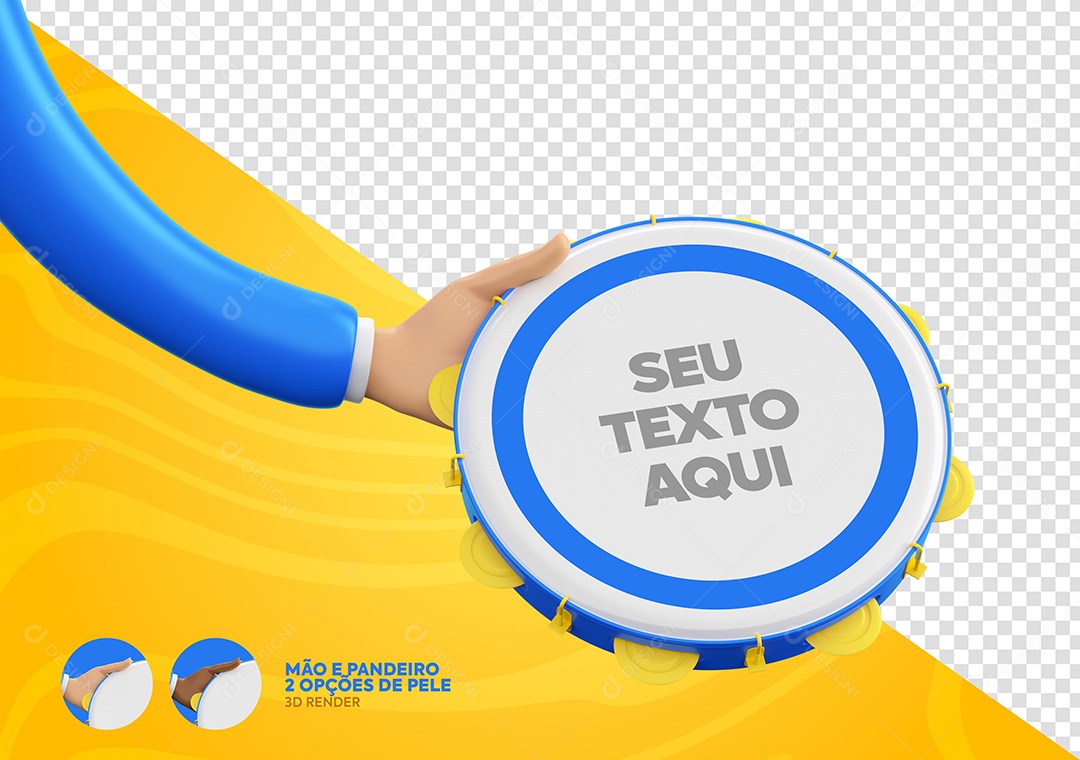Mão e Pandeiro Elemento 3D Azul e Branco de Carnaval para Composição PSD