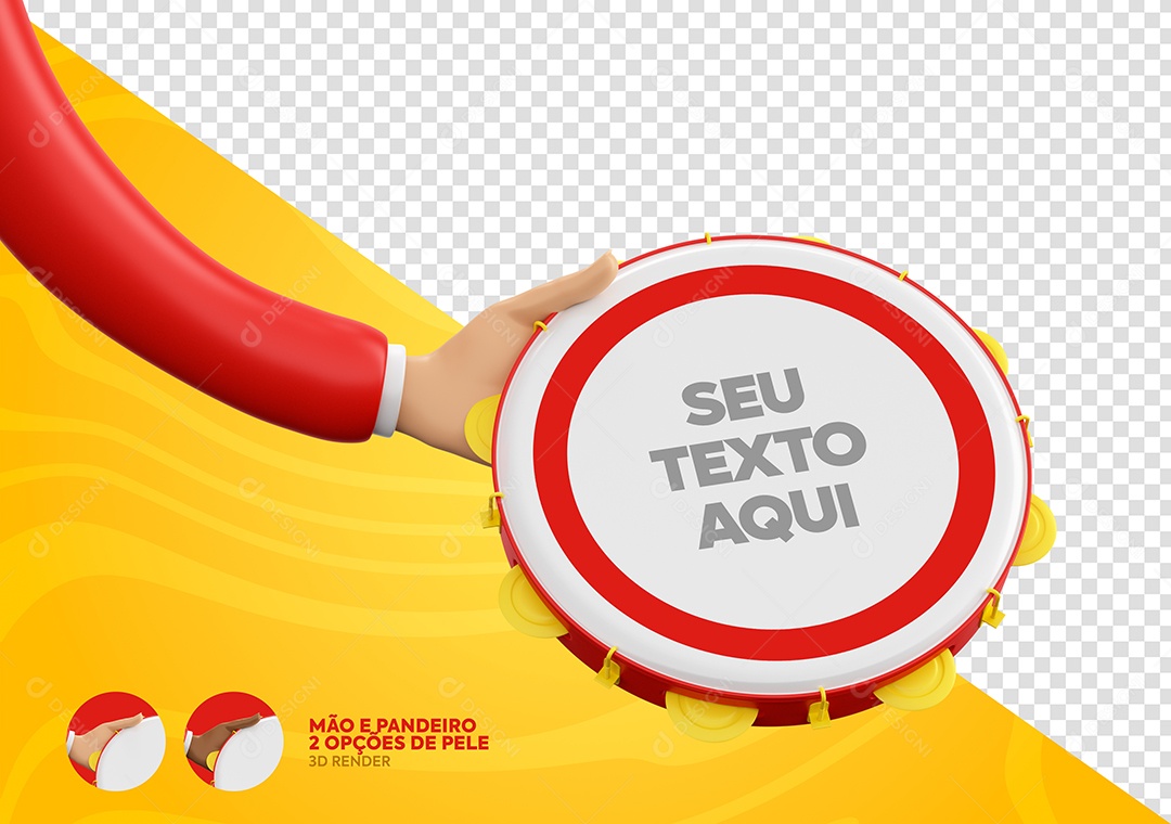 Mão e Pandeiro Elemento 3D Vermelho e Branco de Carnaval para Composição PSD