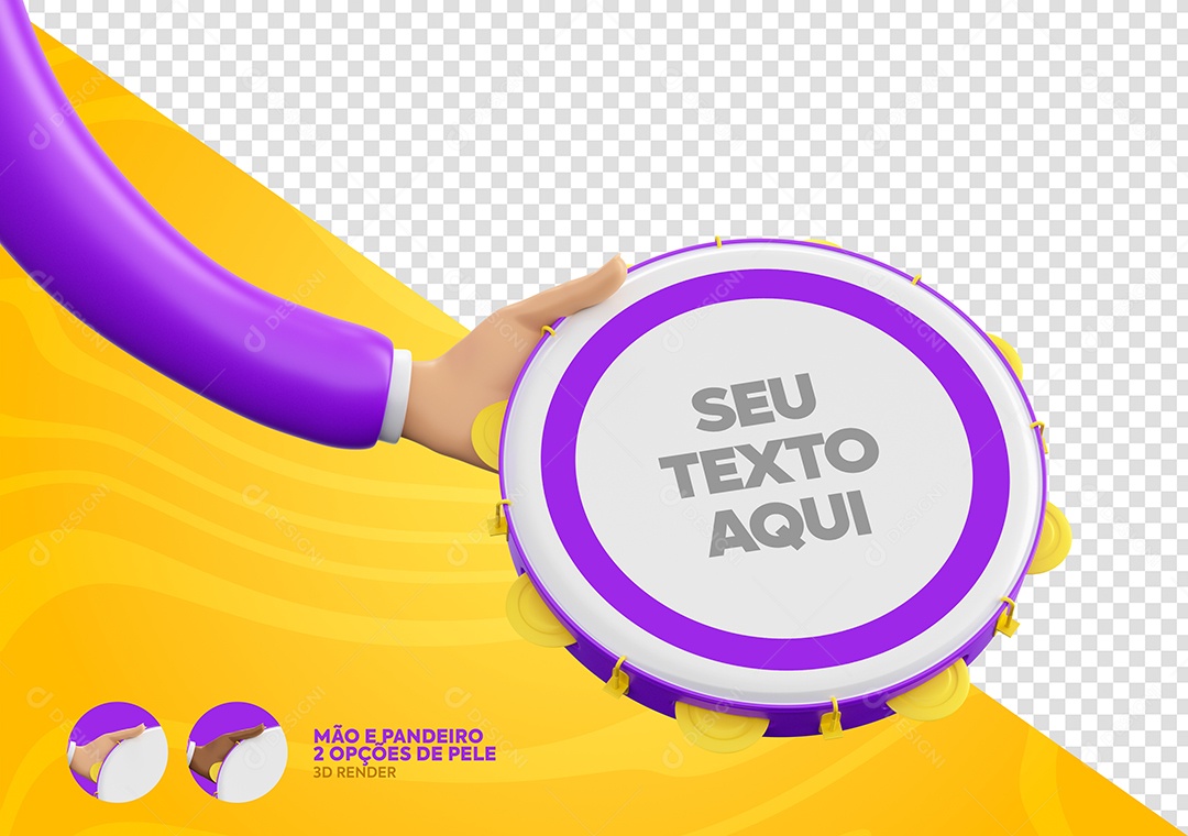 Mão e Pandeiro Elemento 3D Roxo e Branco de Carnaval para Composição PSD