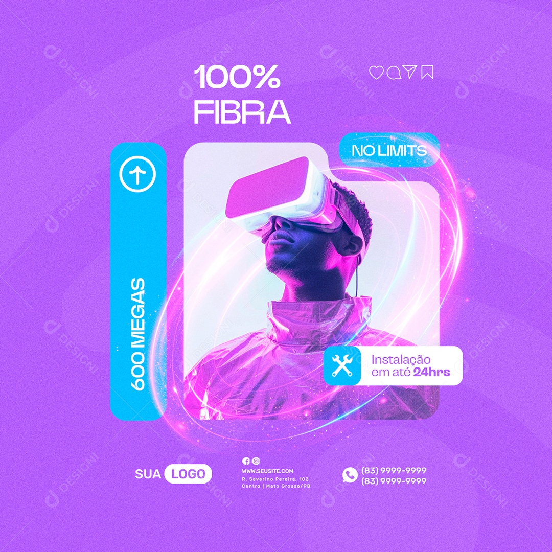 Provedor De Internet 100% Fibra no Limits 600 Megas Social Media PSD Editável