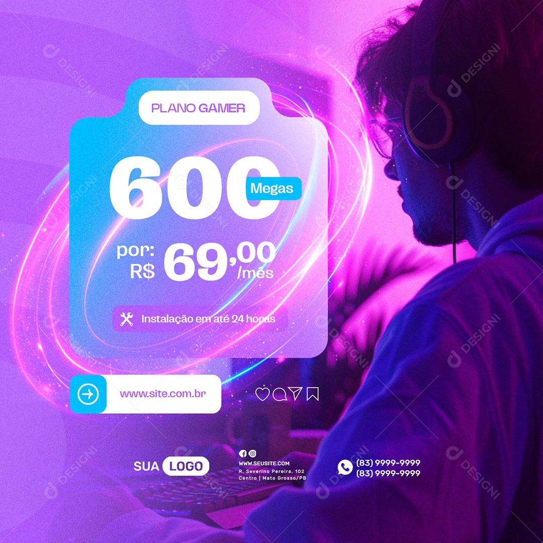 Provedor De Internet Plano Gamer 600 Megas Social Media PSD Editável