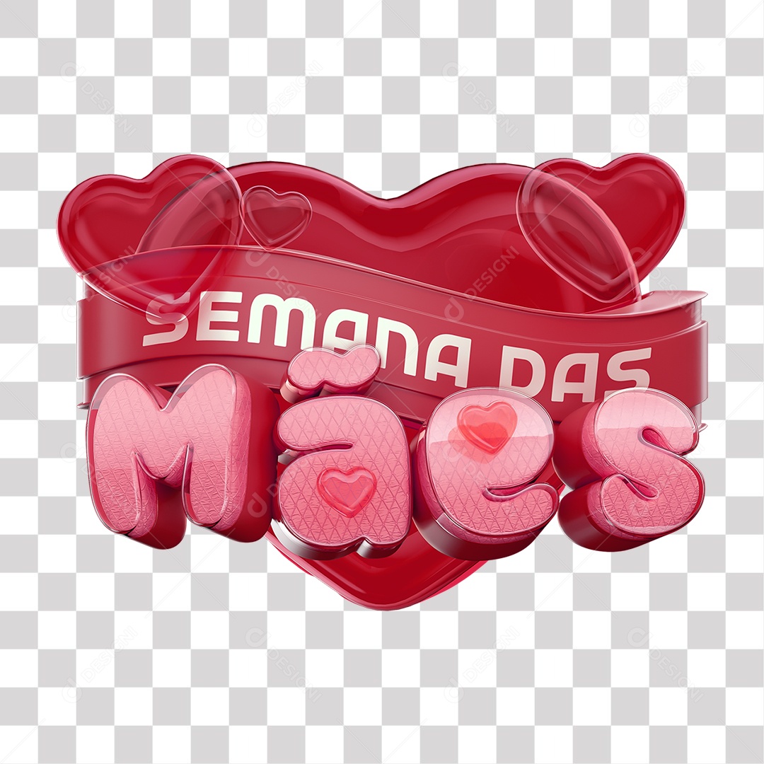 Semana das Mães Selo 3D Vermelho e Rosa para Composição PNG Transparente