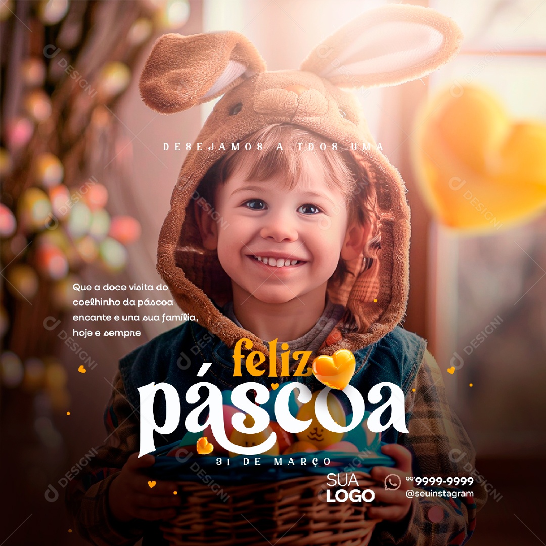 Páscoa 31 de Março que a Doce Visita do Coelhinho Encante e Una sua Família Social Media PSD Editável