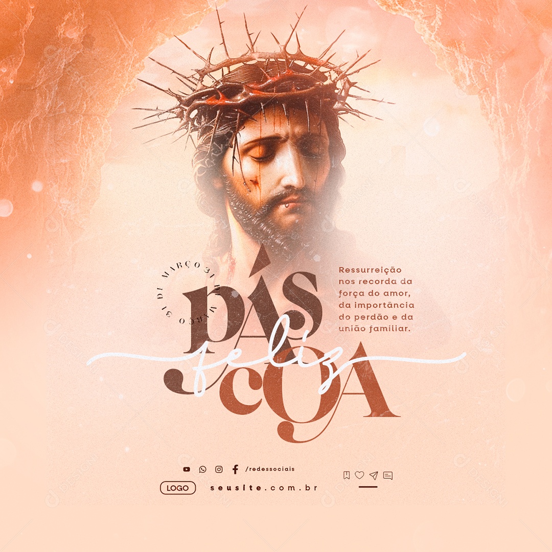 Feliz Páscoa 31 de Março Ressureição nos Recorda Social Media PSD Editável