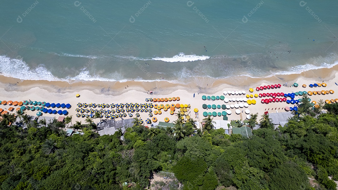 Vista superior de guarda-sol na beira mar Praia do Madeiro