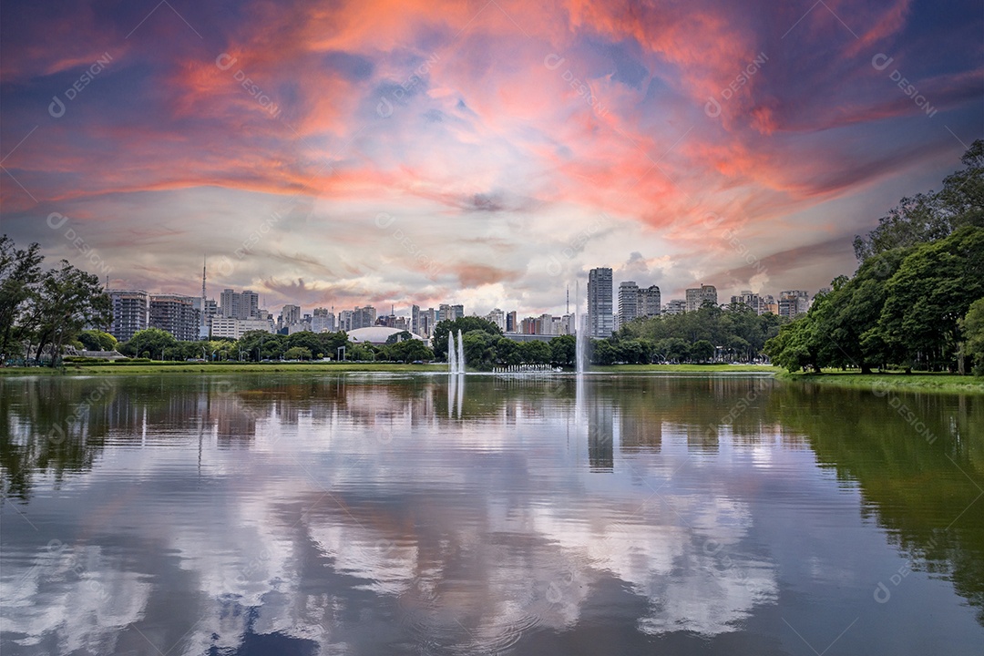 Vista do por do sol em parque Ibirapuera em São Paulo