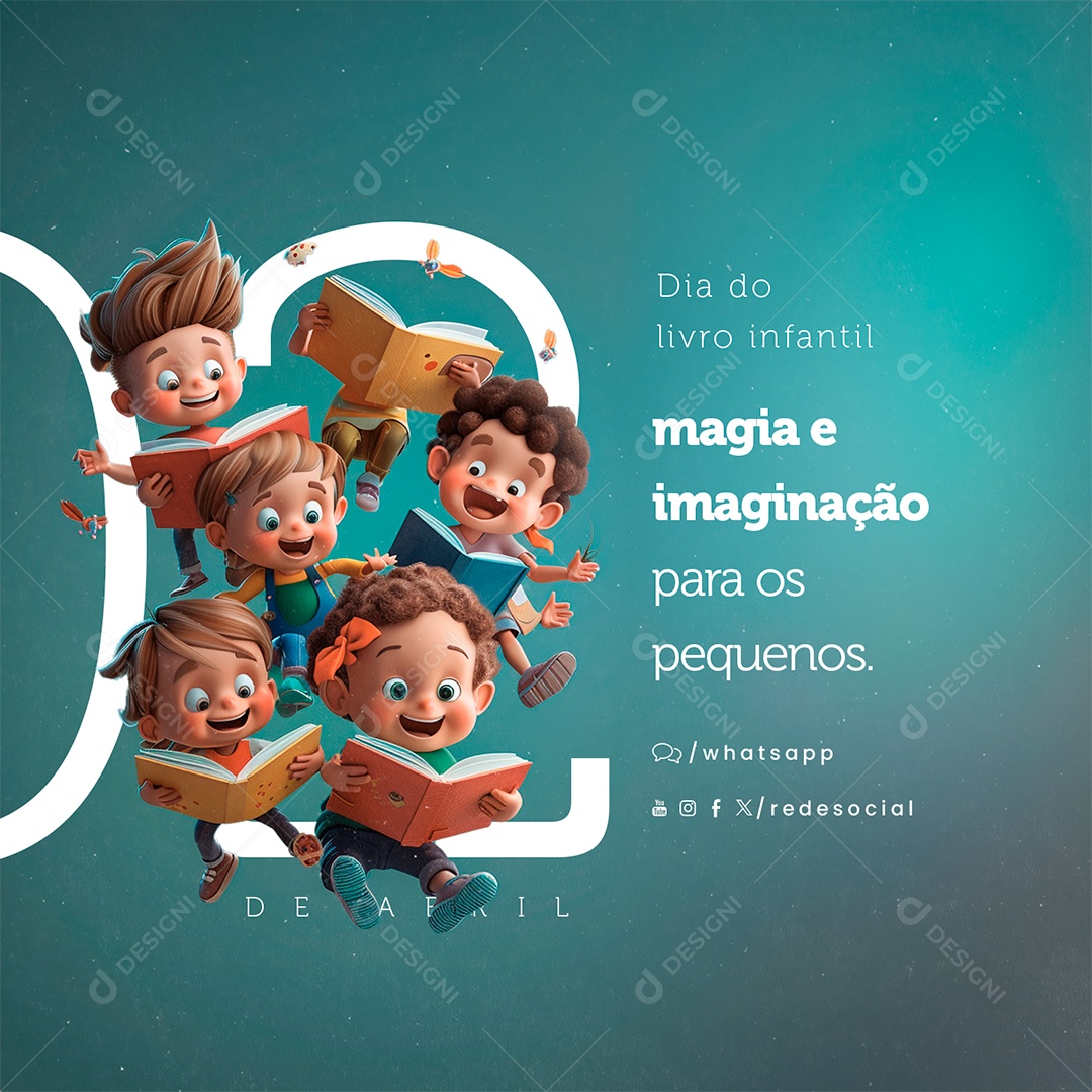 Dia do Livro Infantil 02 de Abril Magia e Imaginação Social Media PSD Editável