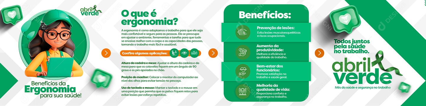 Carrossel Abril Verde Benefícios da Ergonomia pra sua Saúde Social Media PSD Editável