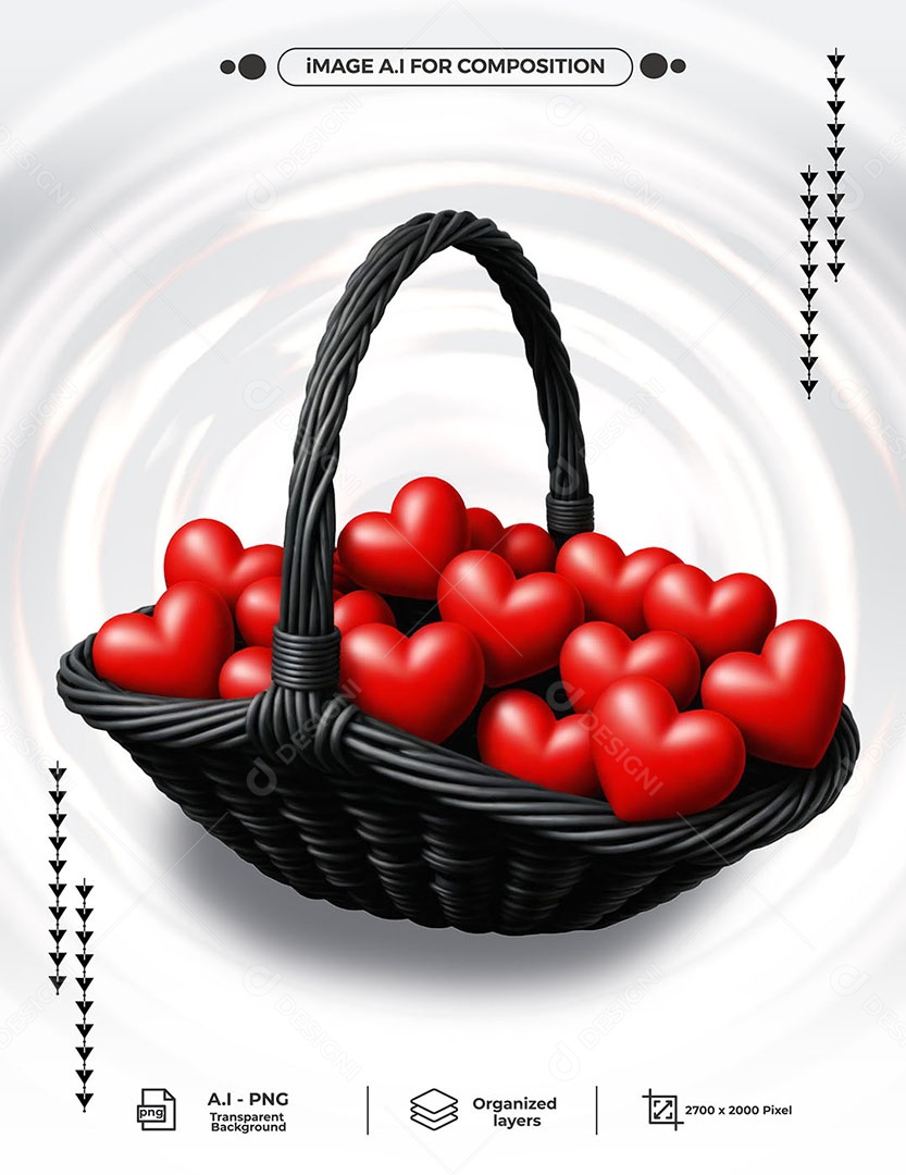 Cesta com Corações Elemento 3D para Composição PSD