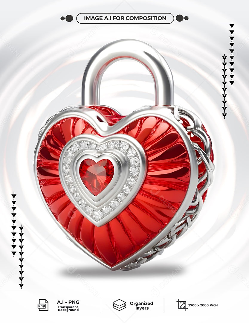 Cadeado de Coração Elemento 3D Vermelho Cinza para Composição PSD