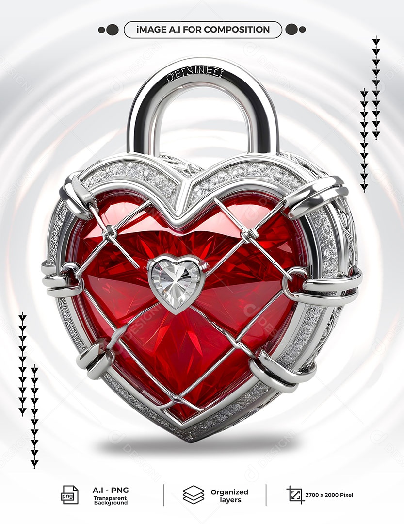 Cadeado de Coração Elemento 3D para Composição PSD