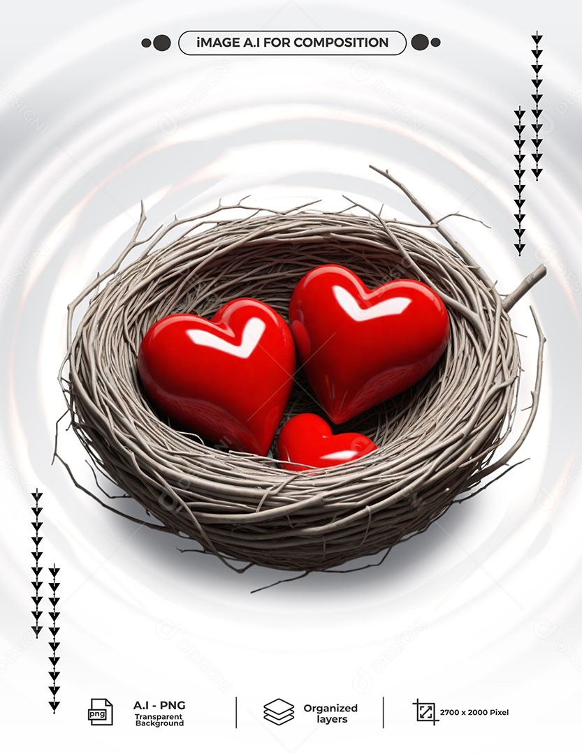 Ninho com Coração Elemento 3D para Composição PSD