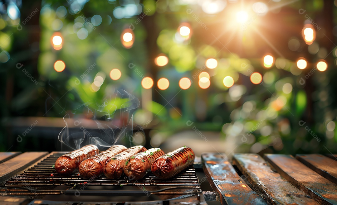 Fundo desfocado de uma mesa de madeira vazia com churrasqueira no jardim