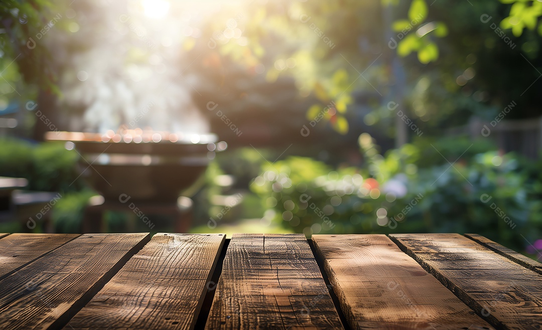 Fundo desfocado de uma mesa de madeira vazia com churrasqueira no jardim
