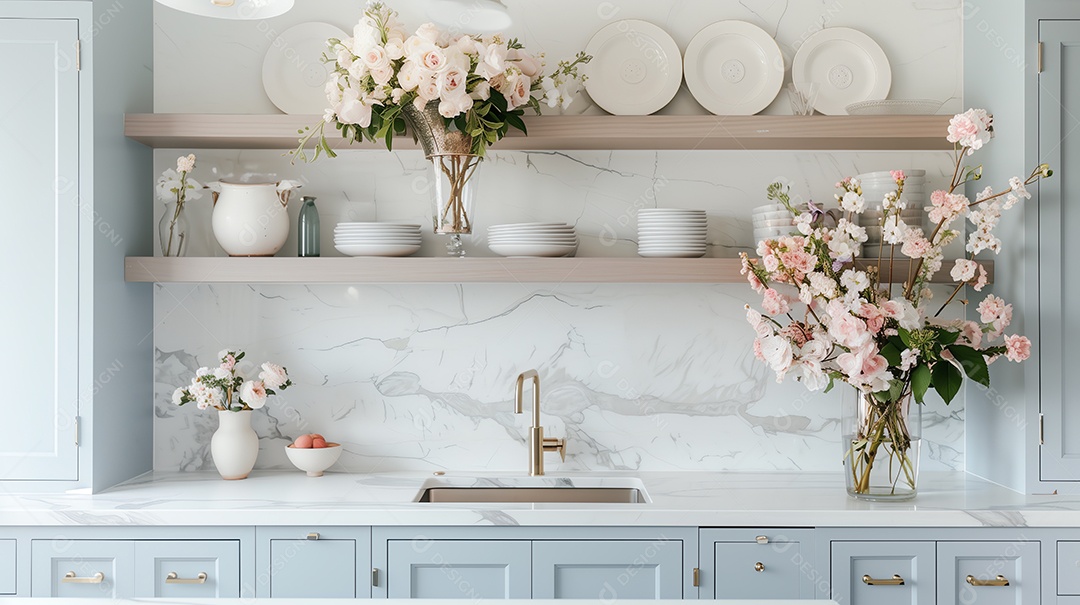 Cozinha com bancada de mármore branco e armários azuis