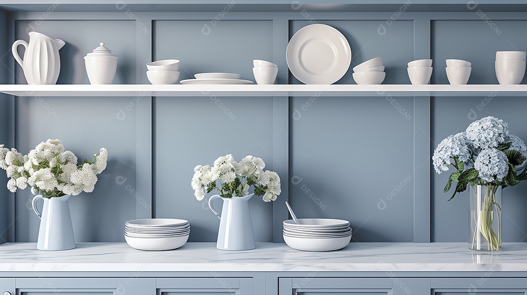 Cozinha com bancada de mármore branco e armários azuis