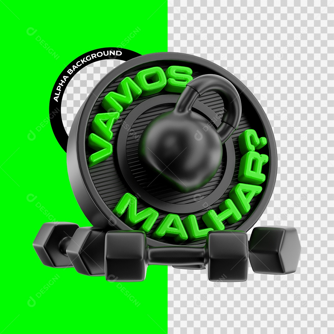 Vamos Malhar Selo 3D Verde e Preto para Composição PSD