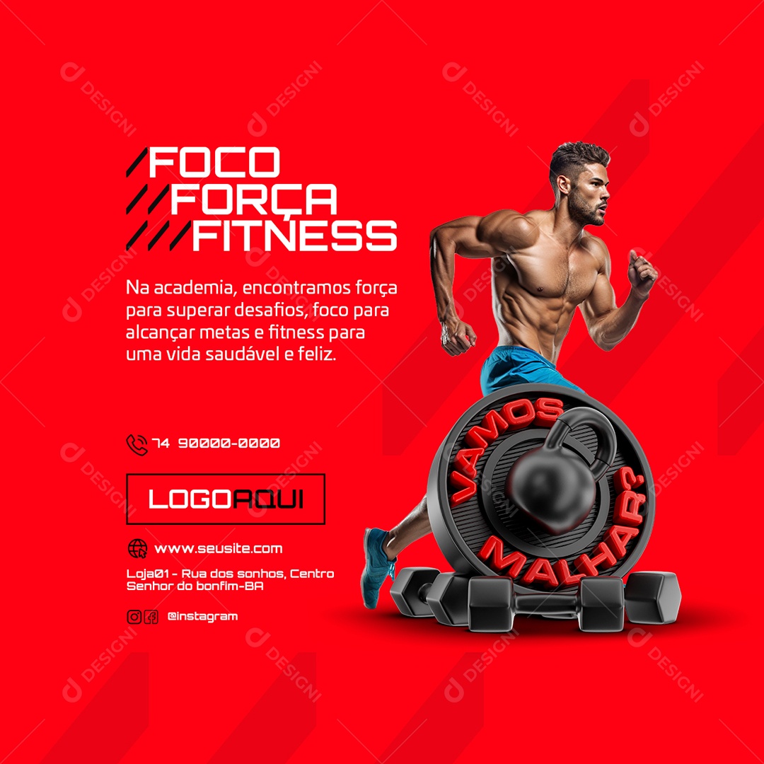 Vamos Malhar Academia Foco Força Fitness Social Media PSD Editável