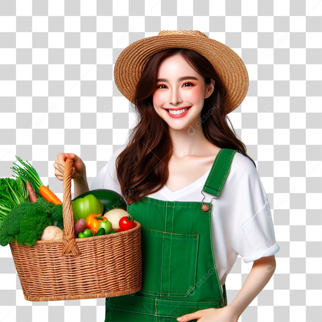 Mulher segurando cesta de frutas e verduras