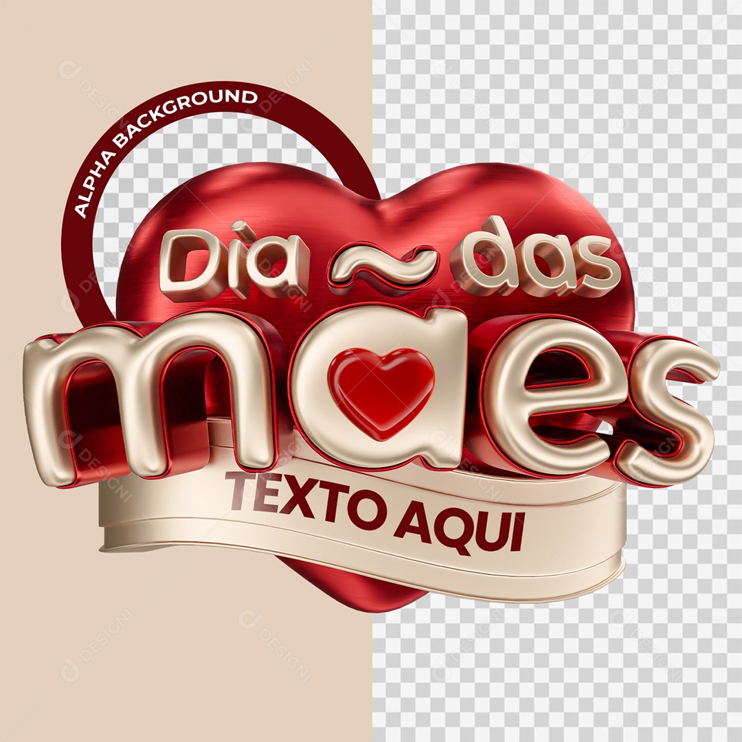 Dia das Mães Selo 3D Dourado e Vermelho para Composição PSD