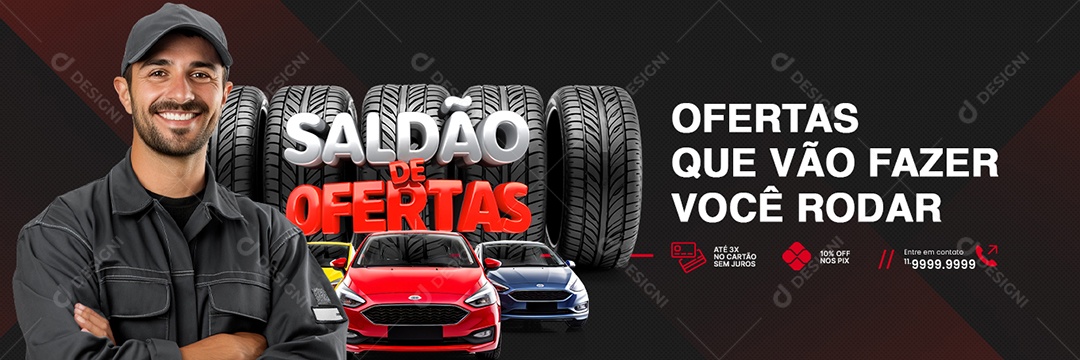 Banner Loja de Pneus Saldão de Ofertas Outdoor 10% Off no Pix Social Media PSD Editável