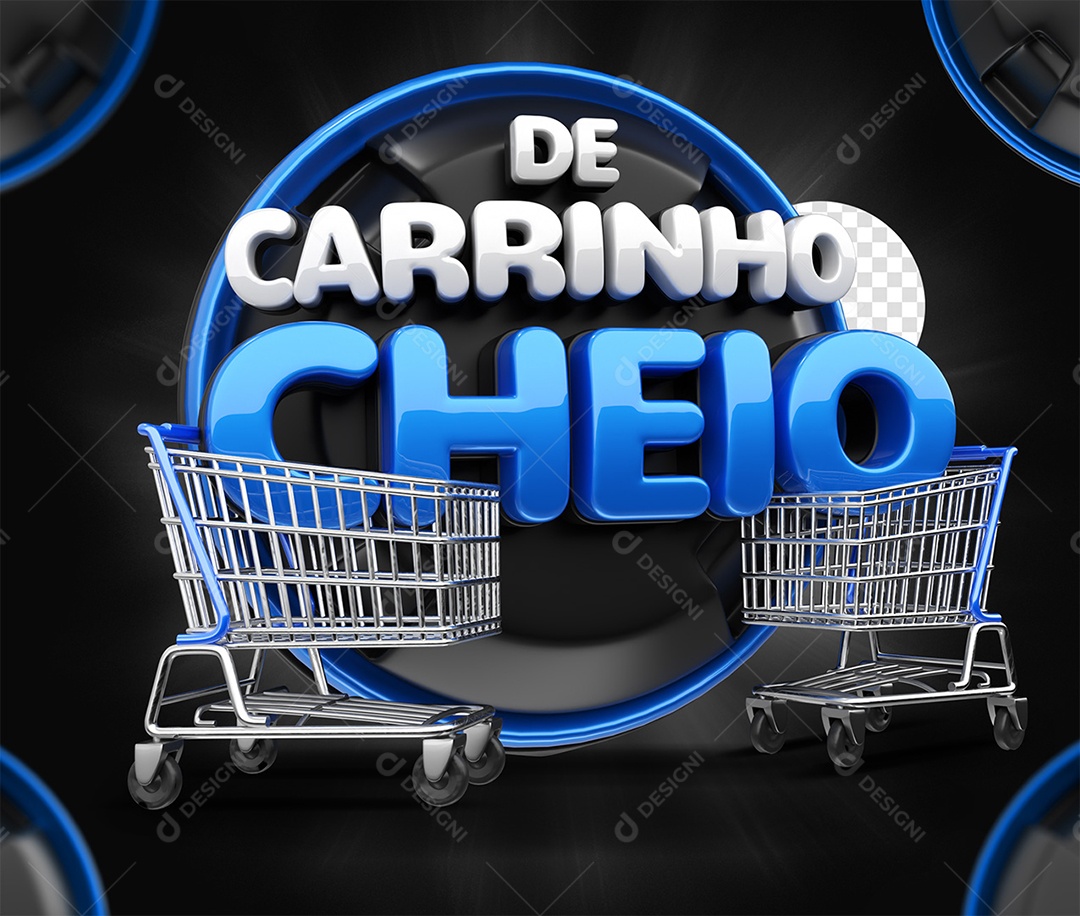 Selo 3D De Carrinho Cheio Azul preto e Branco para Composição PSD