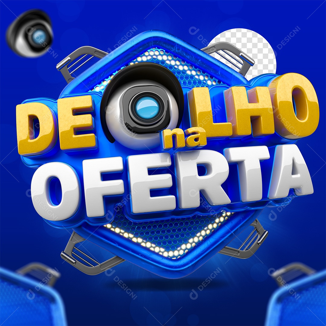 De Olho na Oferta Selo 3D Azul amarelo e Branco para Composição PSD