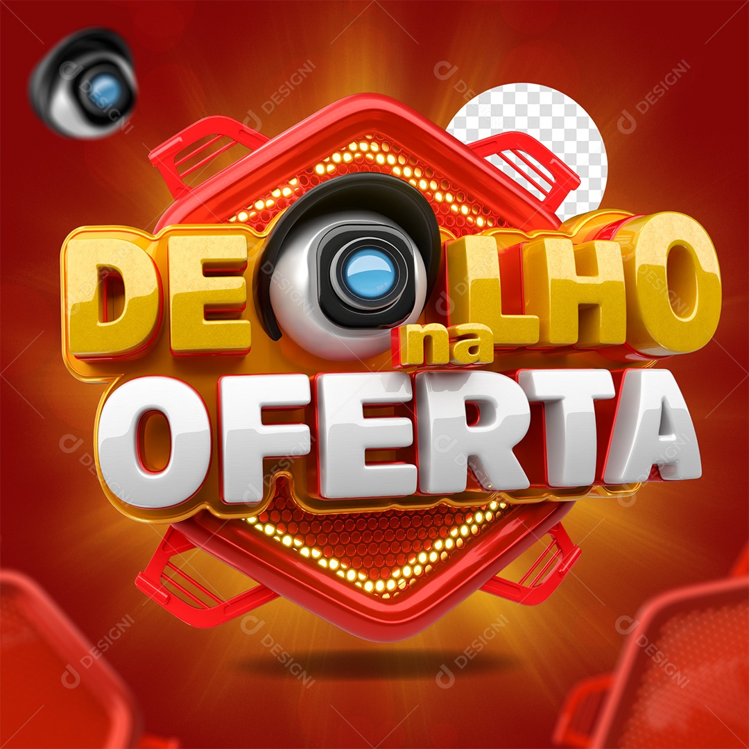 De Olho na Oferta Selo 3D Vermelho amarelo e Branco para Composição PSD