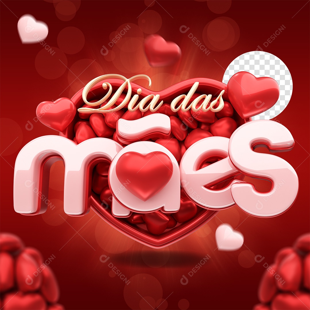 Selo 3D Dia das Mães Vermelho dourado e Rosa para Composição PSD