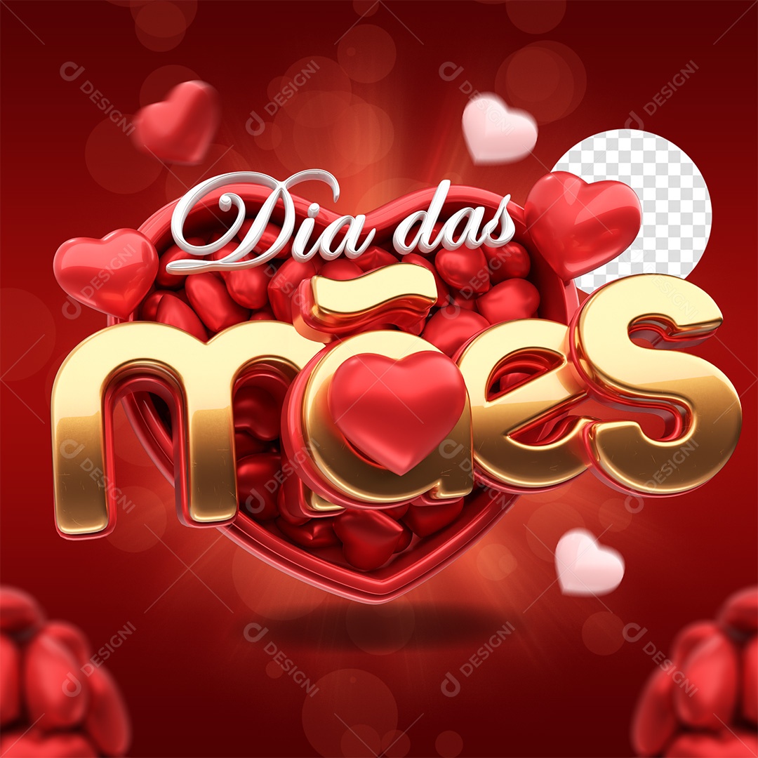 Selo 3D Dia das Mães Vermelho branco e Dourado para Composição PSD