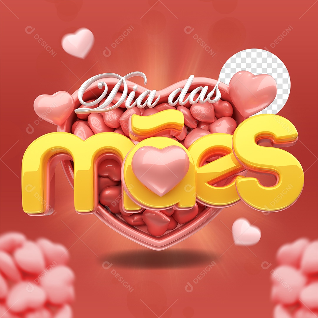 Selo 3D Dia das Mães Vermelho branco e Amarelo para Composição PSD