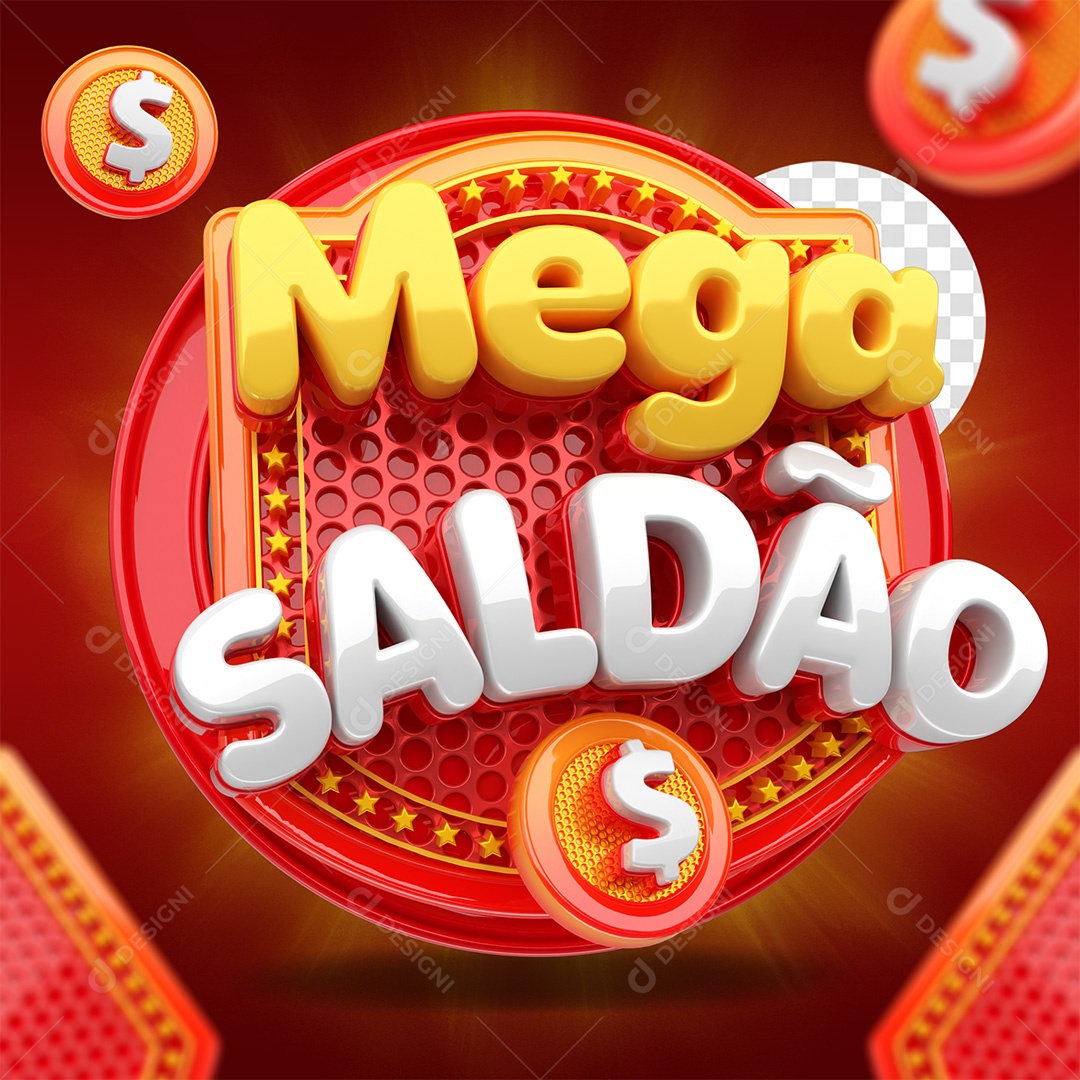 Selo 3D Mega Saldão Vermelho amarelo e Branco para Composição PSD