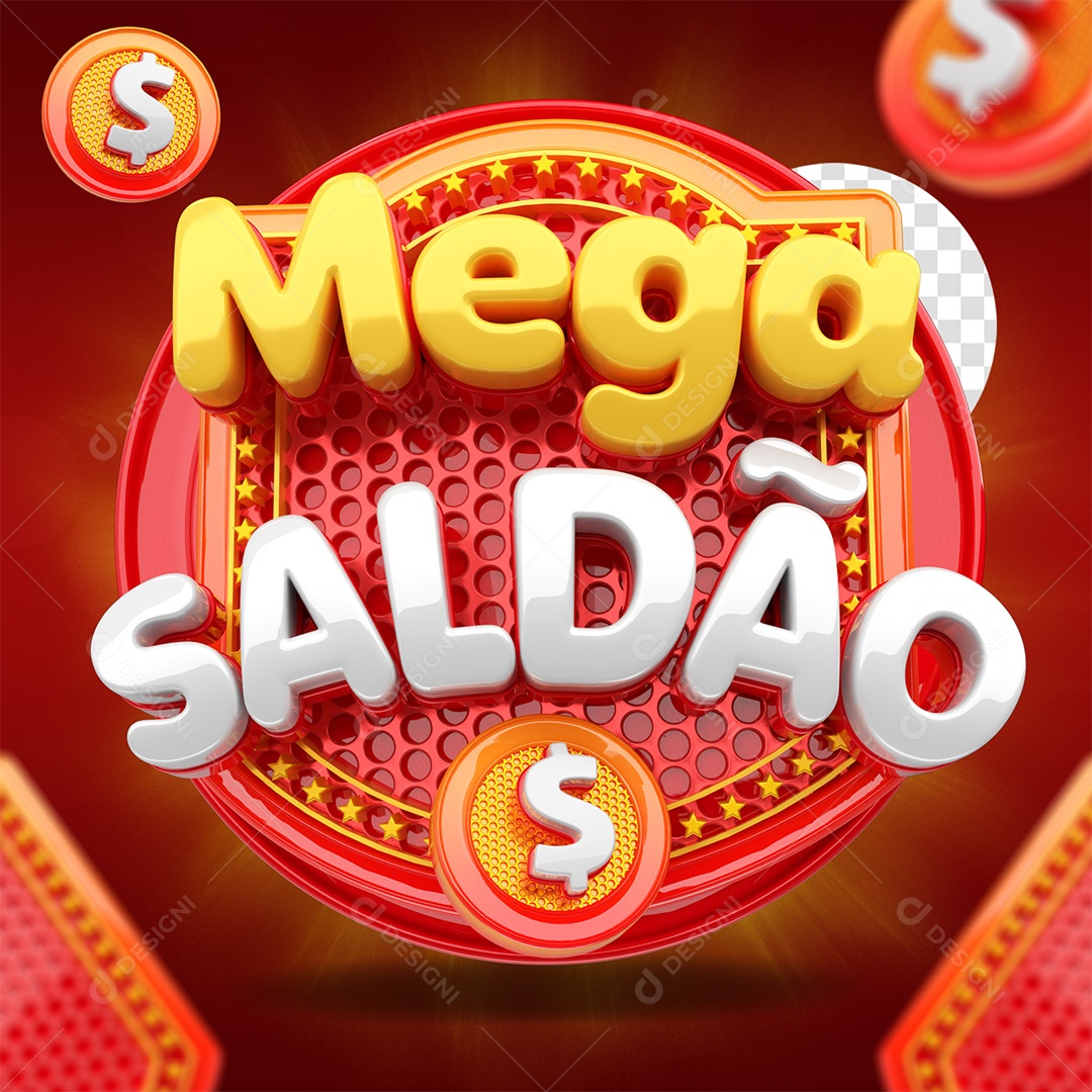Mega Saldão Selo 3D Vermelho amarelo e Branco para Composição PSD