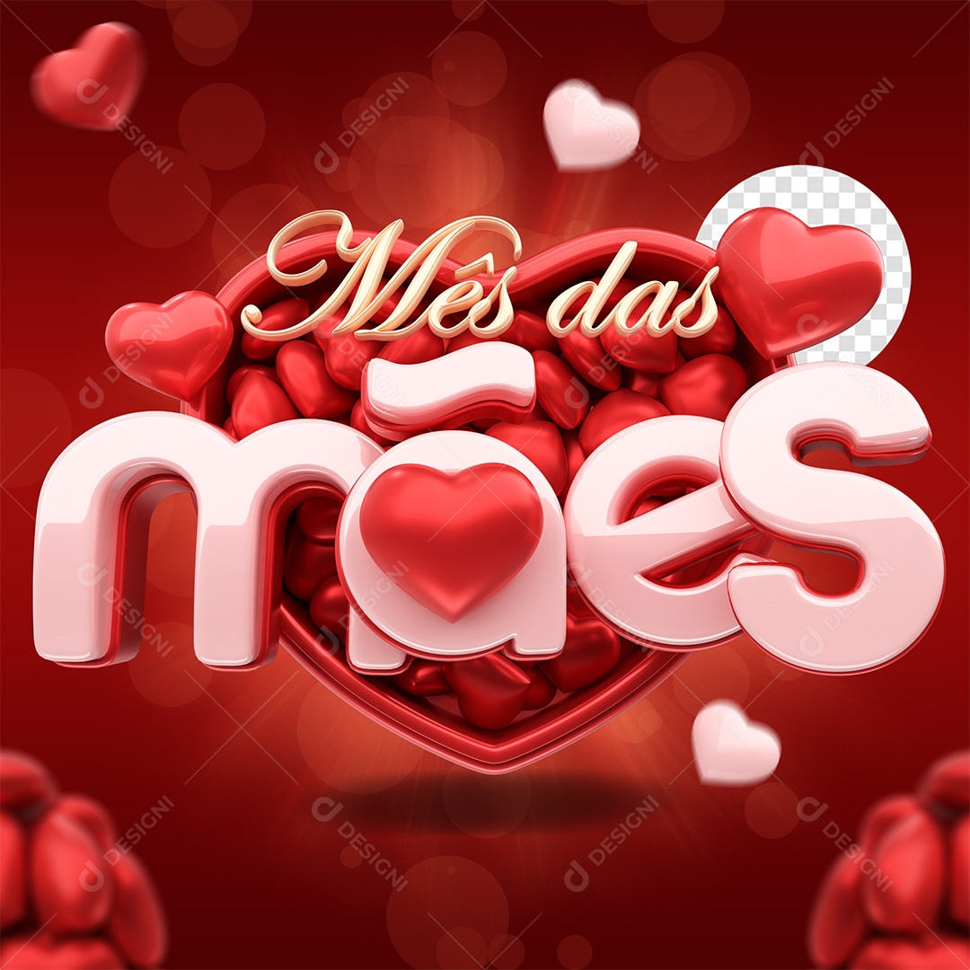 Selo 3D Mês das Mães Vermelho rosa e Dourado para Composição PSD