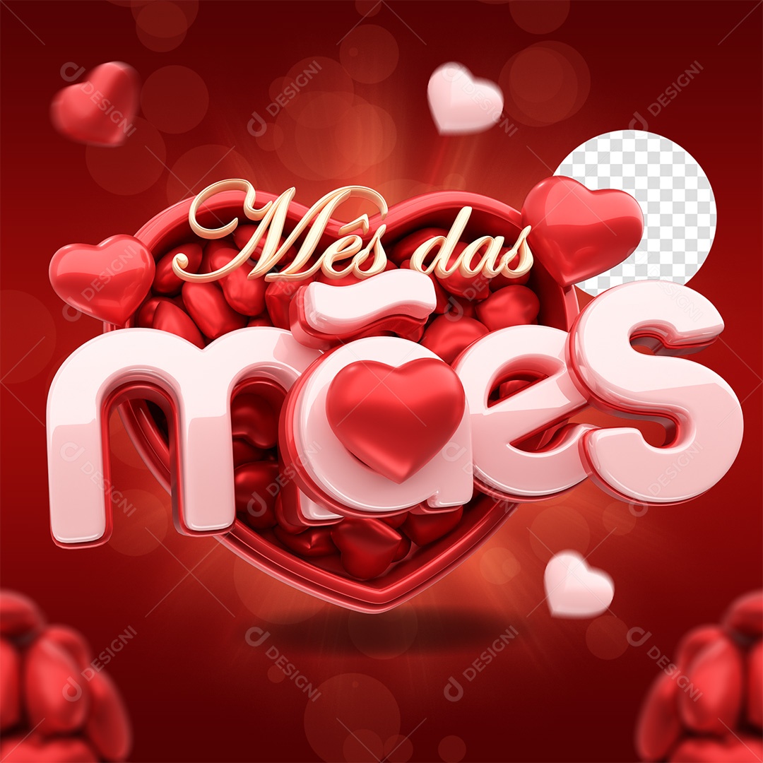 Mês das Mães Selo 3D Vermelho rosa e Dourado para Composição PSD