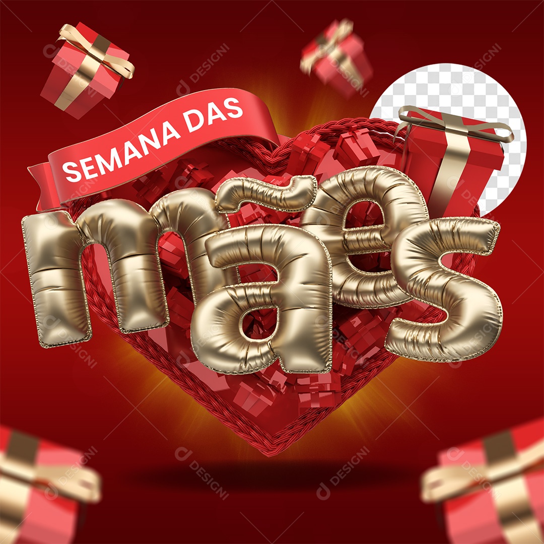 Selo 3D Semana das Mães Vermelho e Dourado para Composição PSD