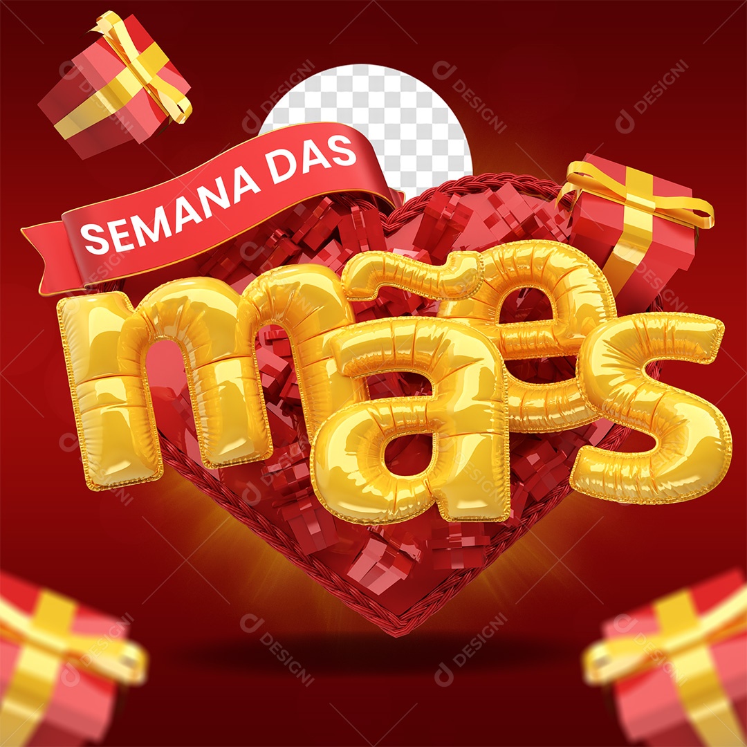 Semana das Mães Selo 3D Vermelho e Amarelo para Composição PSD