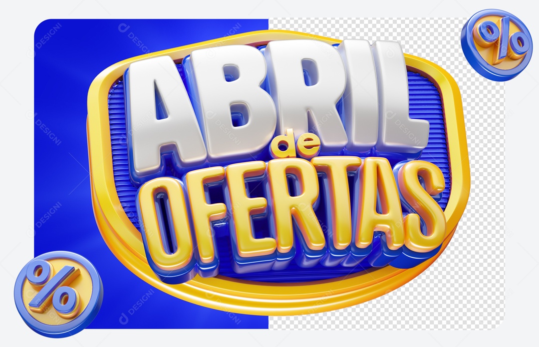 Abril de Ofertas Selo 3D Azul Dourado para Composição PSD