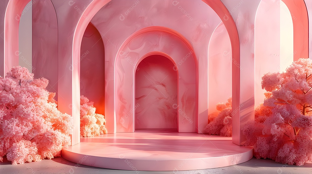 Lindo cenário com flores e um palco rosa