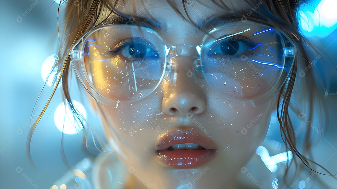 Jovem asiática usando óculos digital futurista