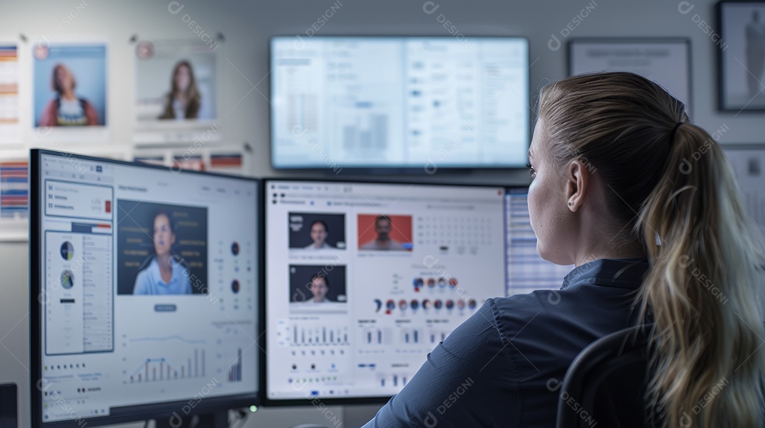 Analisando perfis de candidatos no computador com quadro de métricas de desempenho