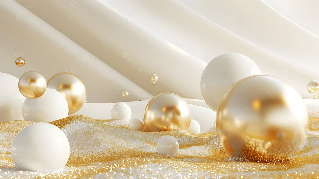 Cenário com bolas brancas e douradas