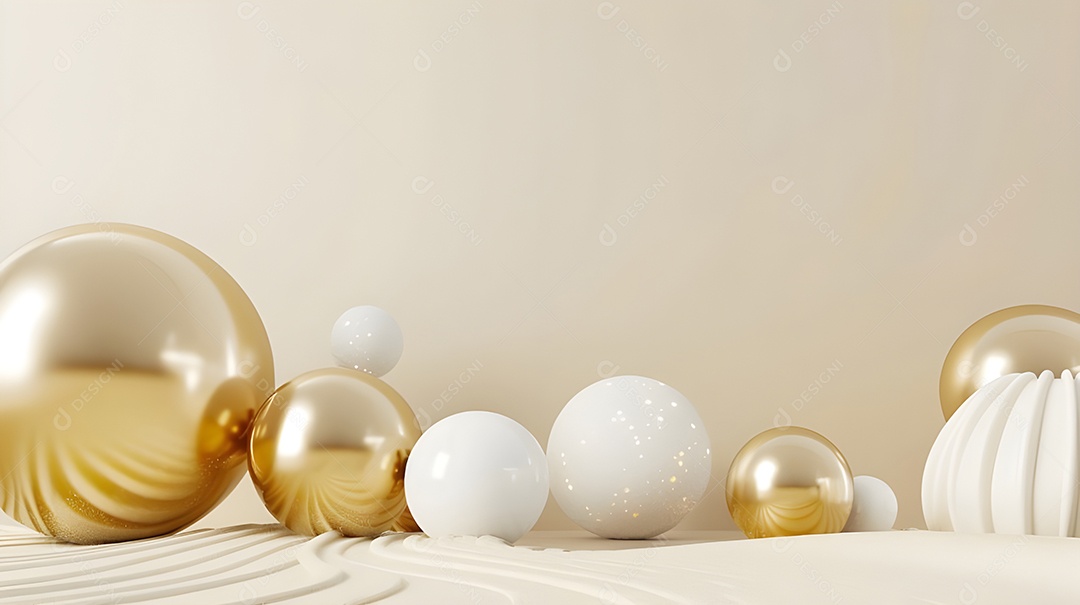 Cenário com bolas brancas e douradas