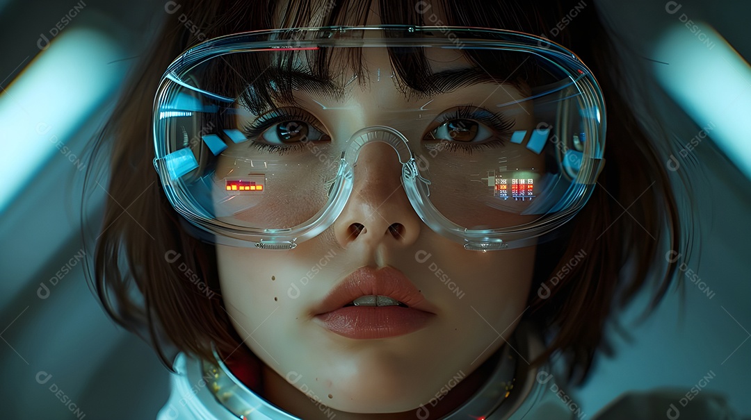 Uma jovem asiática usando óculos transparente com fundo tecnologico