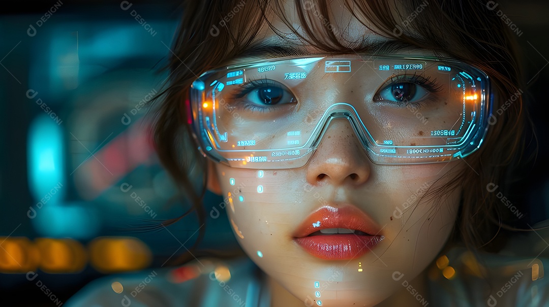 Uma jovem asiática usando óculos transparente com fundo tecnologico